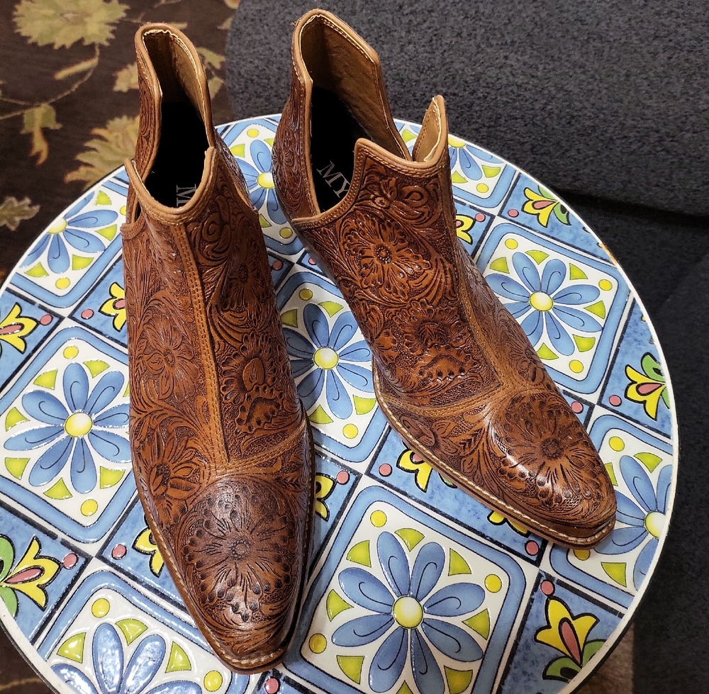 Myra Bag Brown Tooled Floral Leather Ankle Boots